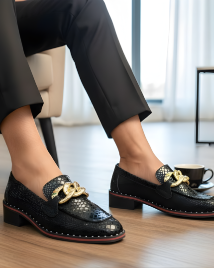 Carlo Black Designer Cuban Heel  Loafer With Golden Buckle