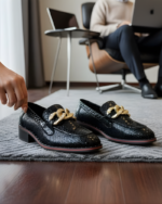 Carlo Black Designer Cuban Heel  Loafer With Golden Buckle - Image 2