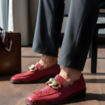 Charming Red Designer Loafer With Golden Buckle