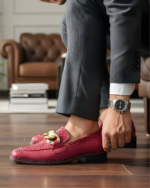 Charming Red Designer Loafer With Golden Buckle - Image 3